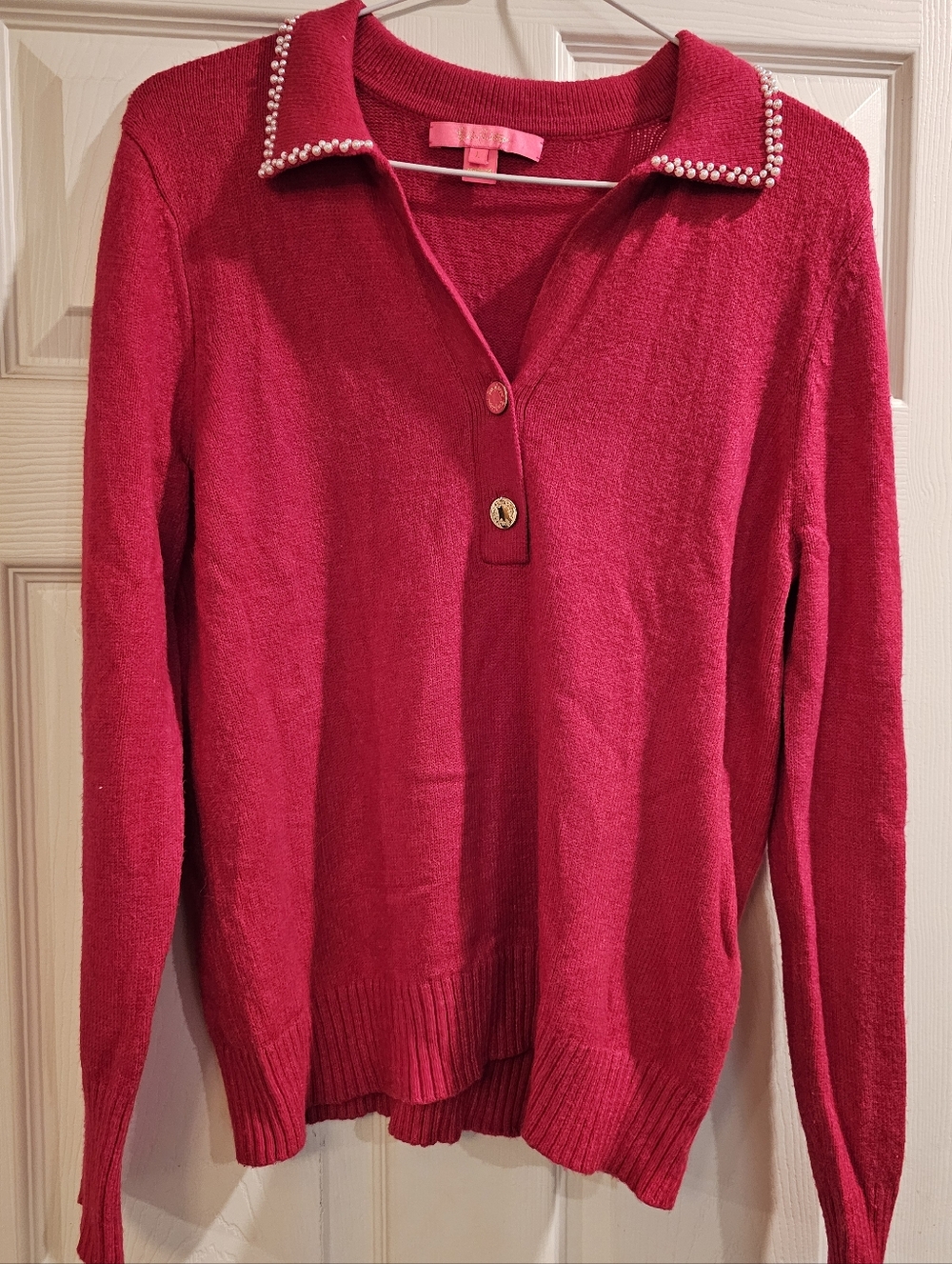 Lilly Pulitzer Hot Pink Pearl-Trim V-Neck Sweater